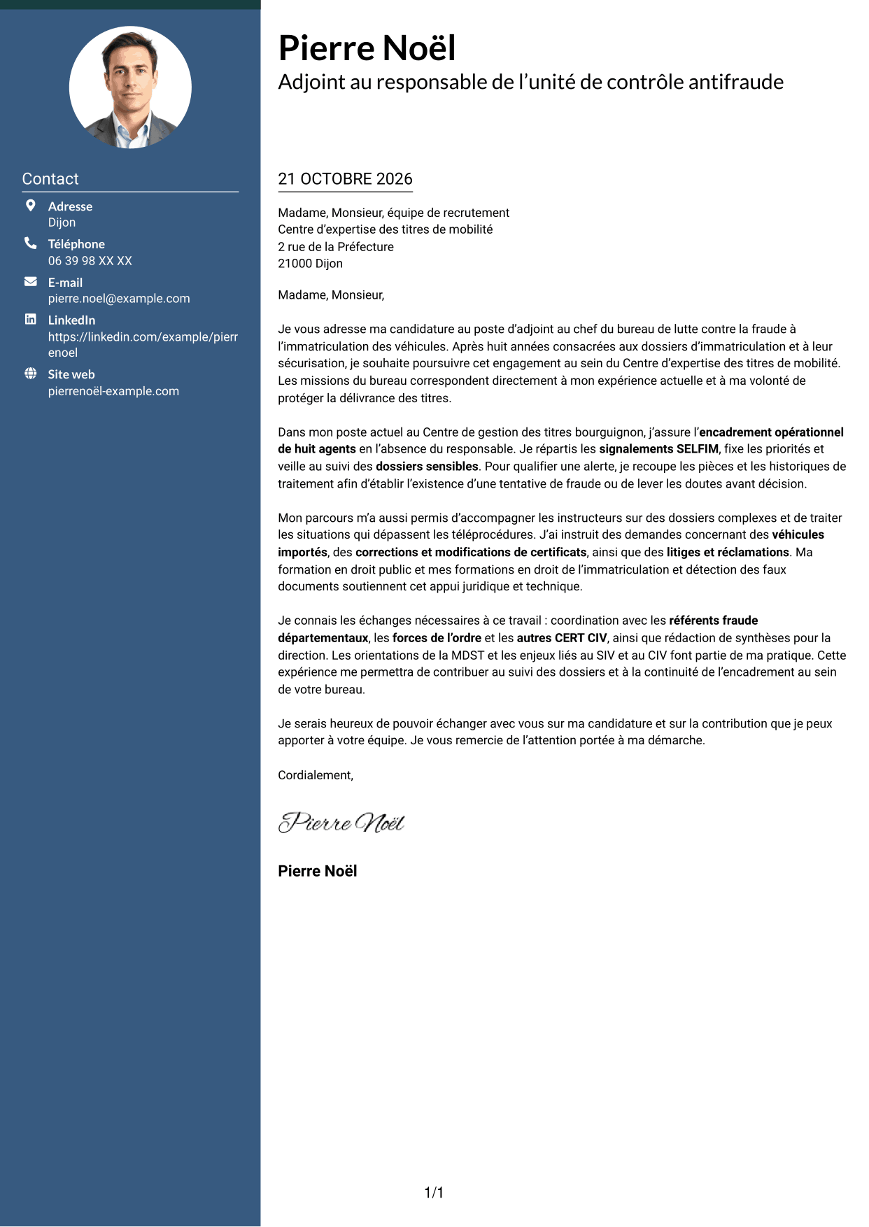 Lettre de motivation Élégant (format à colonne latérale colorée avec photo) : Adjoint au chef de bureau de lutte contre la fraude - Immatriculation des véhicules, page 1