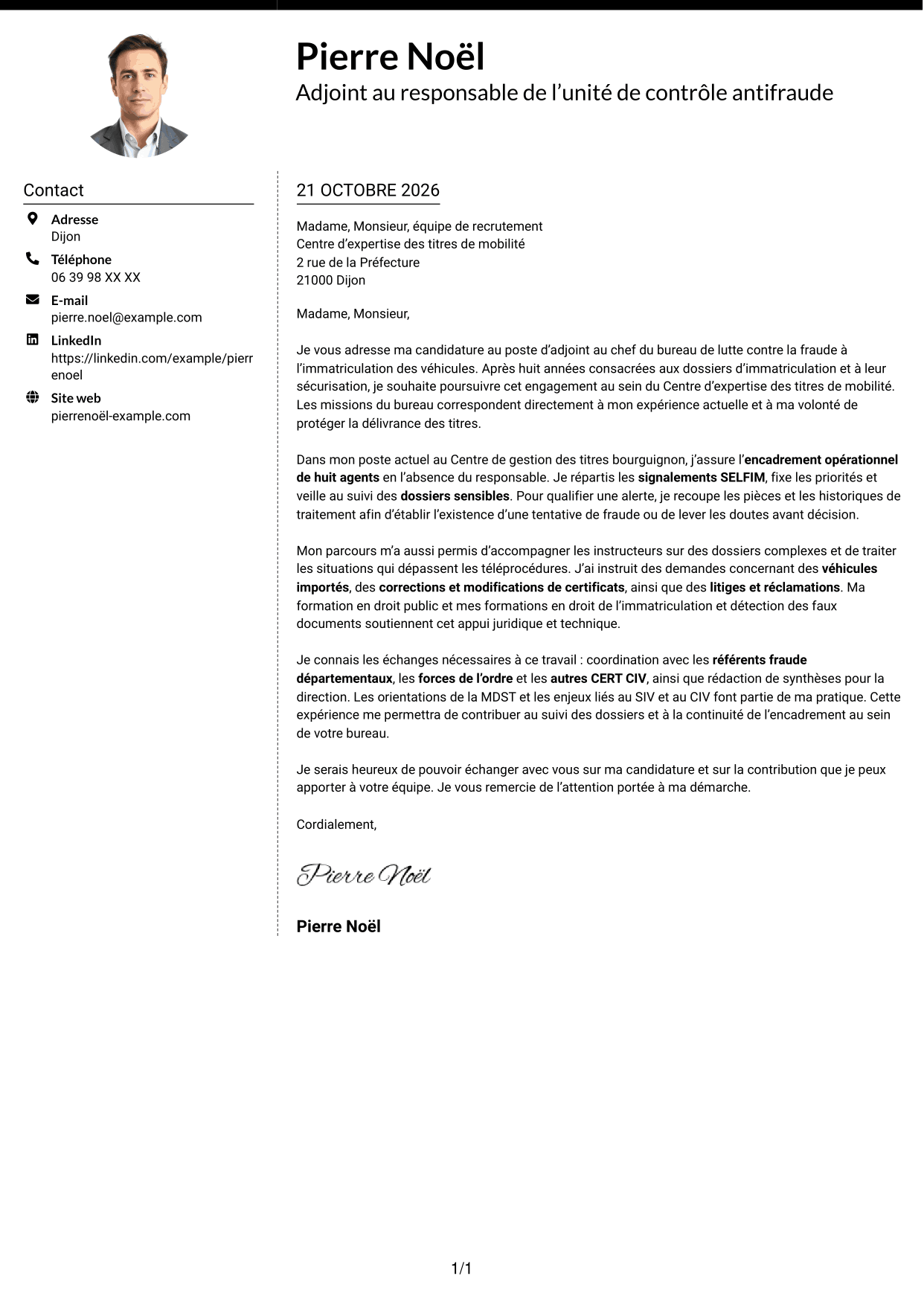 Lettre de motivation Moderne (format à deux colonnes avec photo à gauche et séparateur) : Adjoint au chef de bureau de lutte contre la fraude - Immatriculation des véhicules, page 1