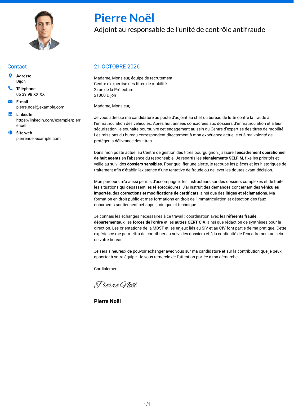 Lettre de motivation Audacieux (format à deux colonnes avec accents colorés et photo) : Adjoint au chef de bureau de lutte contre la fraude - Immatriculation des véhicules, page 1