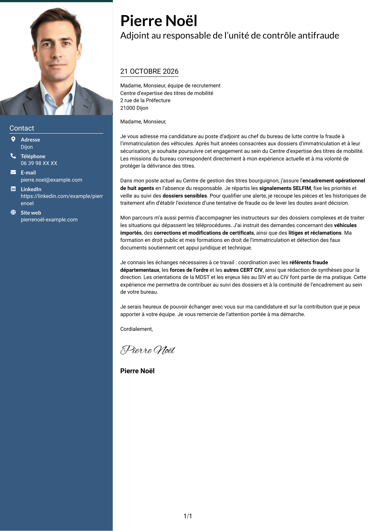 Lettre de motivation Signature (format à colonne latérale colorée avec grande photo) : Adjoint au chef de bureau de lutte contre la fraude - Immatriculation des véhicules, page 1