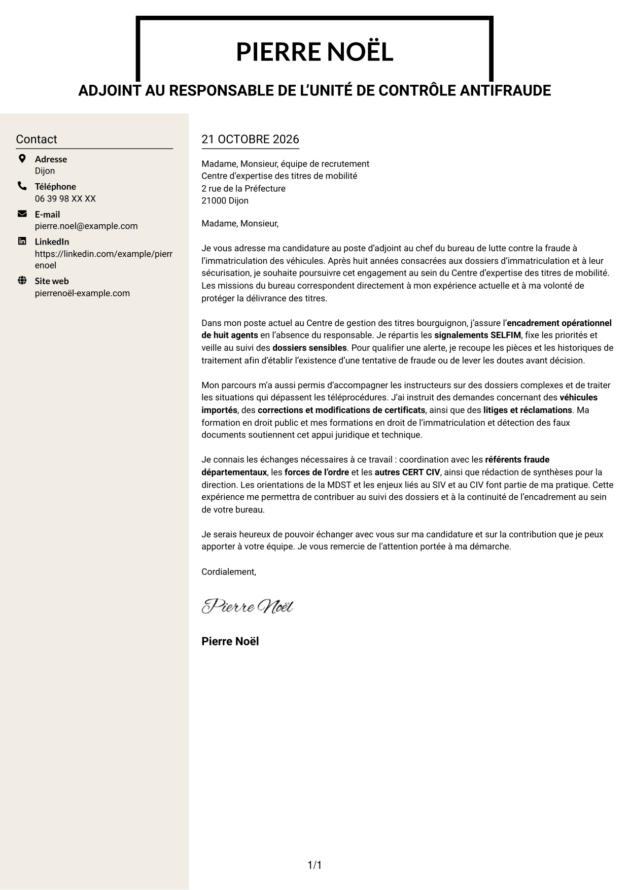 Lettre de motivation Fonceur (format à deux colonnes avec en-tête centré sans photo) : Adjoint au chef de bureau de lutte contre la fraude - Immatriculation des véhicules, page 1