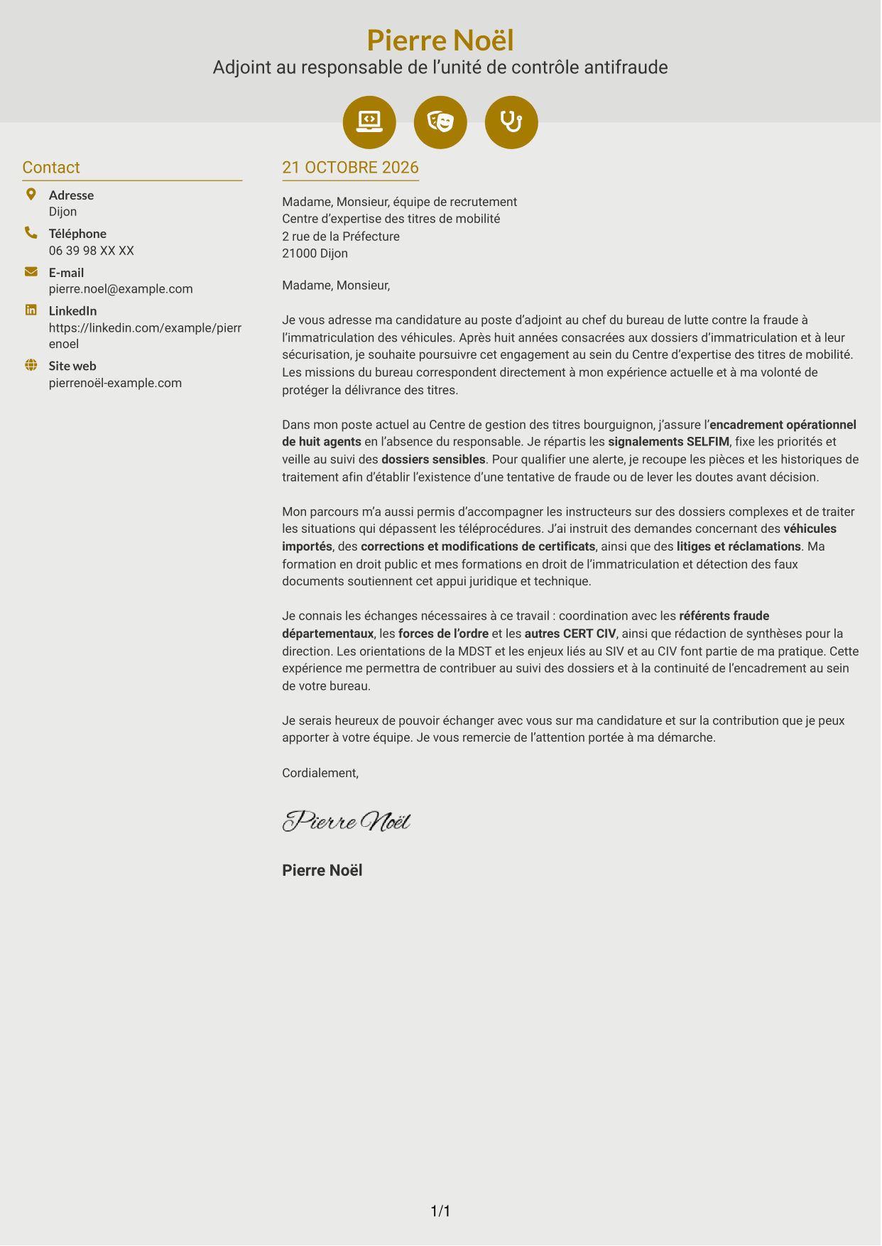 Lettre de motivation Dynamique (format à deux colonnes avec icônes) : Adjoint au chef de bureau de lutte contre la fraude - Immatriculation des véhicules, page 1