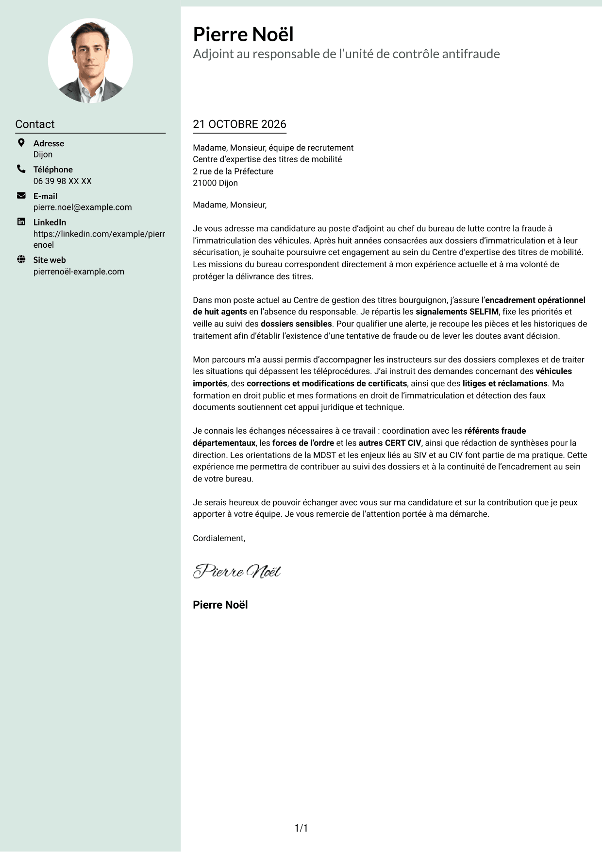 Lettre de motivation Cadre (format à colonne latérale douce avec photo arrondie) : Adjoint au chef de bureau de lutte contre la fraude - Immatriculation des véhicules, page 1