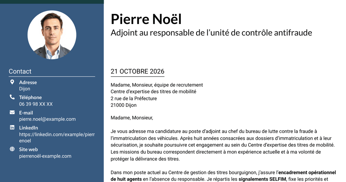 7 modèles de lettre de motivation pour Adjoint au chef de bureau de lutte contre la fraude - Immatriculation des véhicules, avec exemples