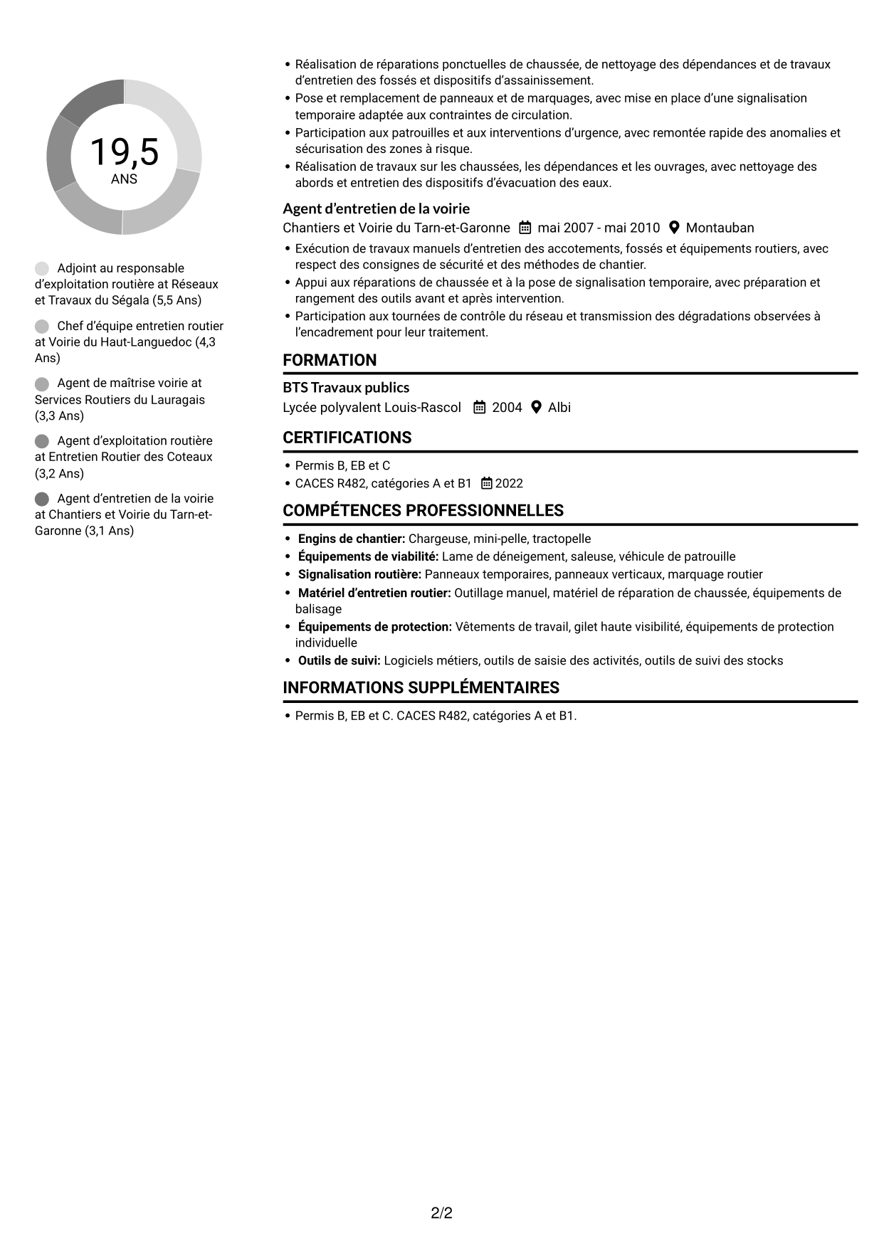 CV Compact (format sobre à deux colonnes avec photo) : Adjoint au chef de centre d’exploitation - Entretien et exploitation routière, page 2