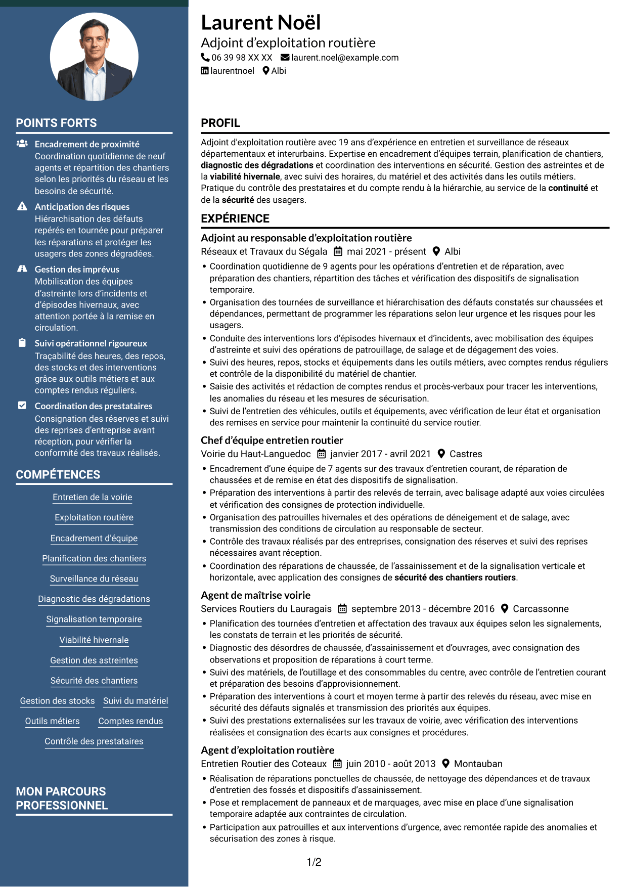 CV Élégant (format à colonne latérale colorée avec photo) : Adjoint au chef de centre d’exploitation - Entretien et exploitation routière, page 1