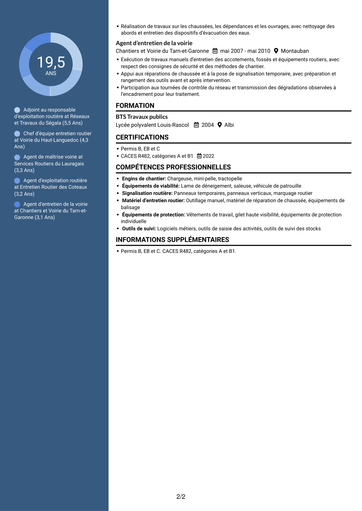 CV Élégant (format à colonne latérale colorée avec photo) : Adjoint au chef de centre d’exploitation - Entretien et exploitation routière, page 2