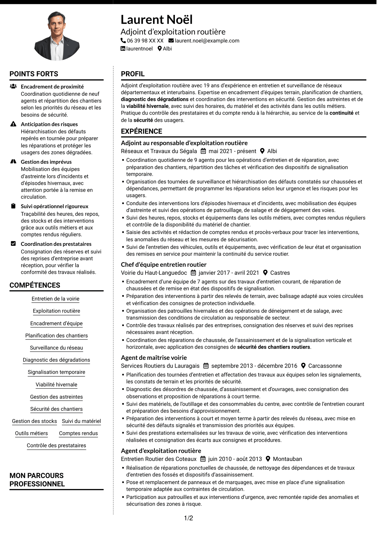 CV Moderne (format à deux colonnes avec photo à gauche et séparateur) : Adjoint au chef de centre d’exploitation - Entretien et exploitation routière, page 1