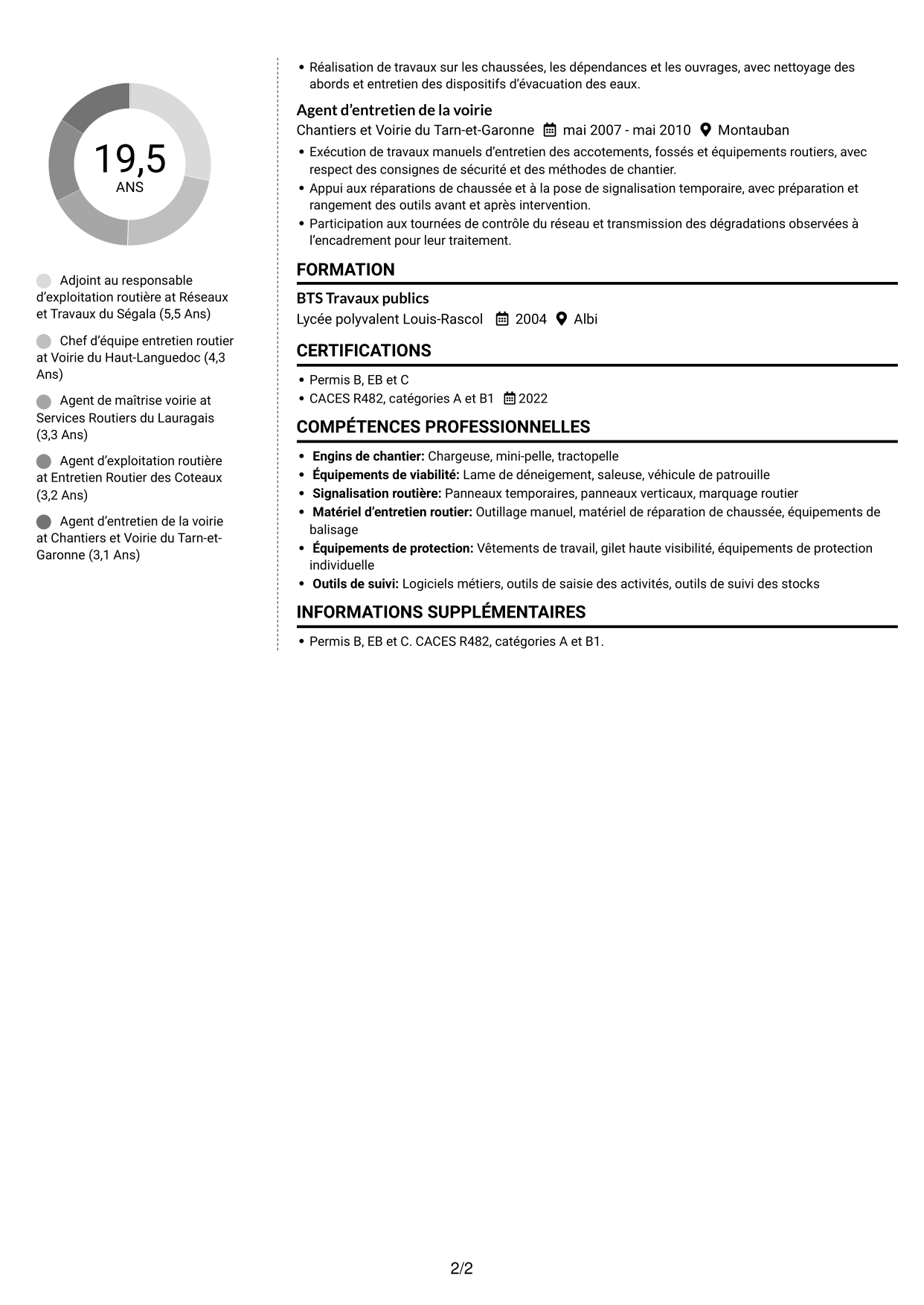 CV Moderne (format à deux colonnes avec photo à gauche et séparateur) : Adjoint au chef de centre d’exploitation - Entretien et exploitation routière, page 2