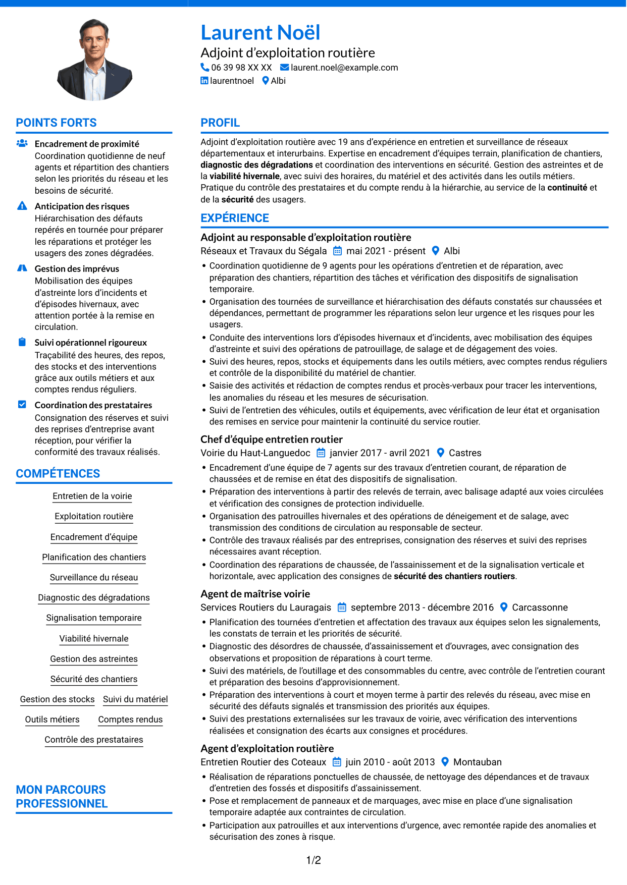 CV Audacieux (format à deux colonnes avec accents colorés et photo) : Adjoint au chef de centre d’exploitation - Entretien et exploitation routière, page 1