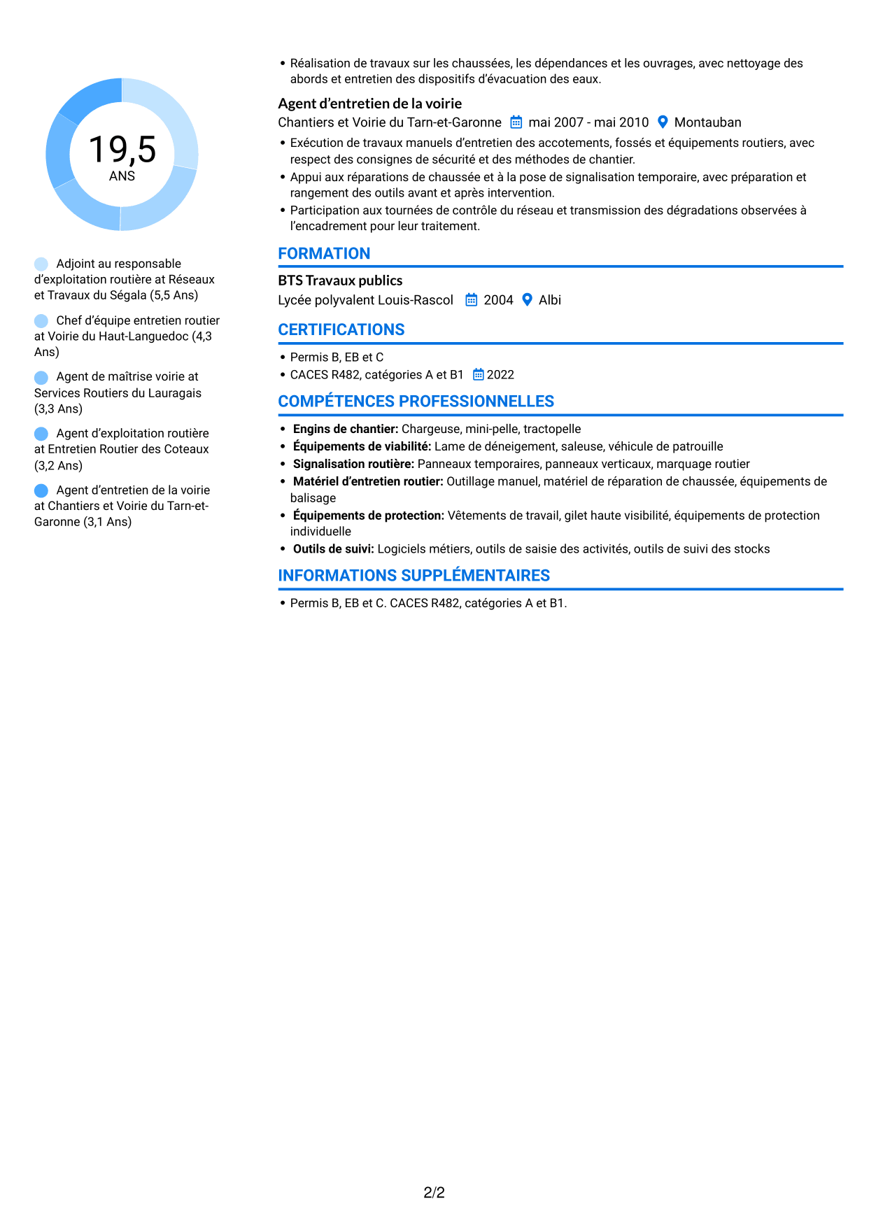 CV Audacieux (format à deux colonnes avec accents colorés et photo) : Adjoint au chef de centre d’exploitation - Entretien et exploitation routière, page 2