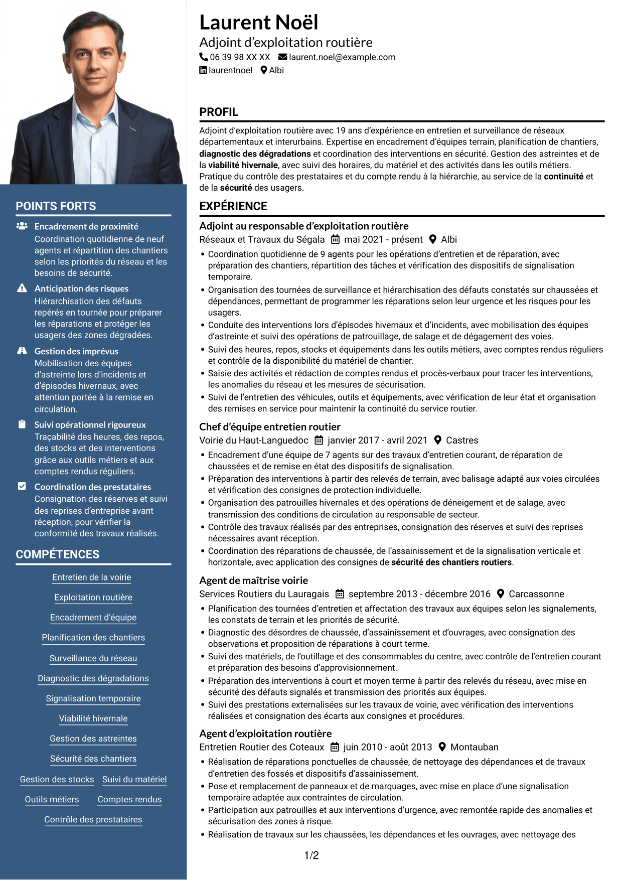 CV Signature (format à colonne latérale colorée avec grande photo) : Adjoint au chef de centre d’exploitation - Entretien et exploitation routière, page 1