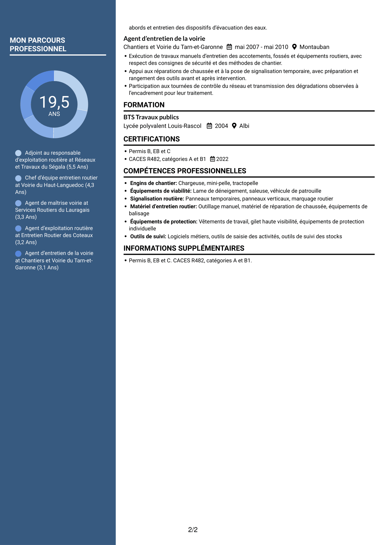 CV Signature (format à colonne latérale colorée avec grande photo) : Adjoint au chef de centre d’exploitation - Entretien et exploitation routière, page 2