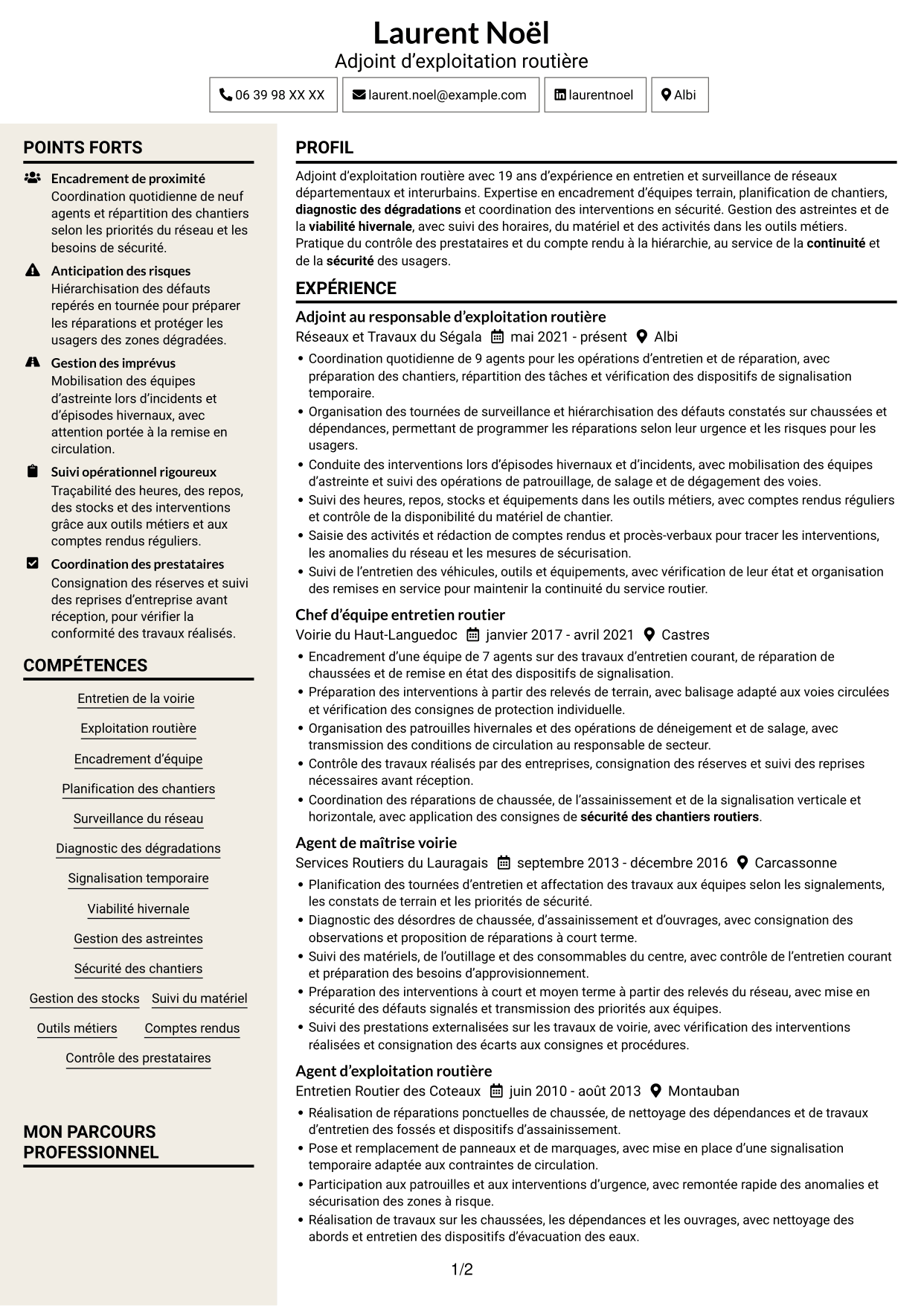 CV Fonceur (format à deux colonnes avec en-tête centré sans photo) : Adjoint au chef de centre d’exploitation - Entretien et exploitation routière, page 1