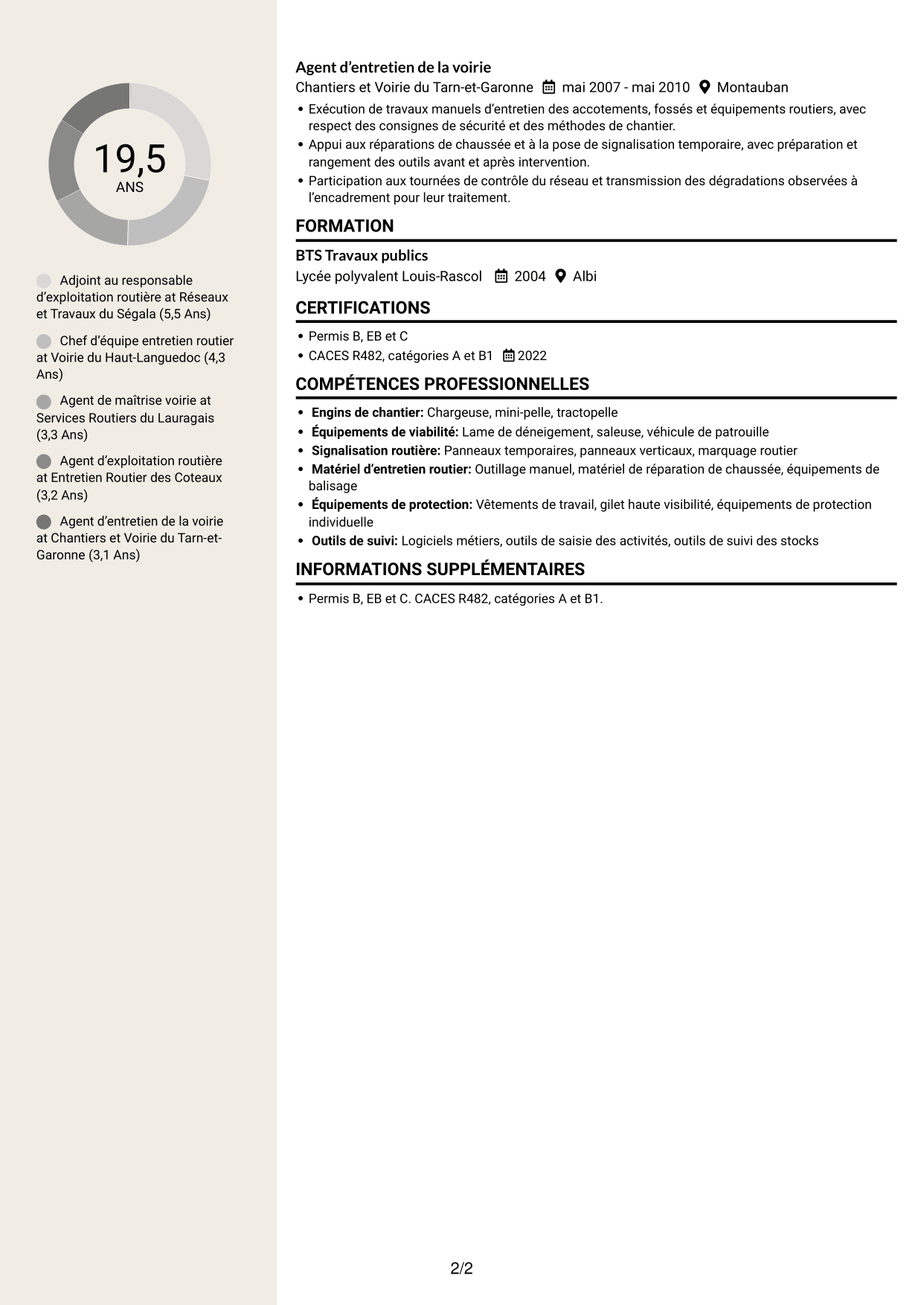 CV Fonceur (format à deux colonnes avec en-tête centré sans photo) : Adjoint au chef de centre d’exploitation - Entretien et exploitation routière, page 2