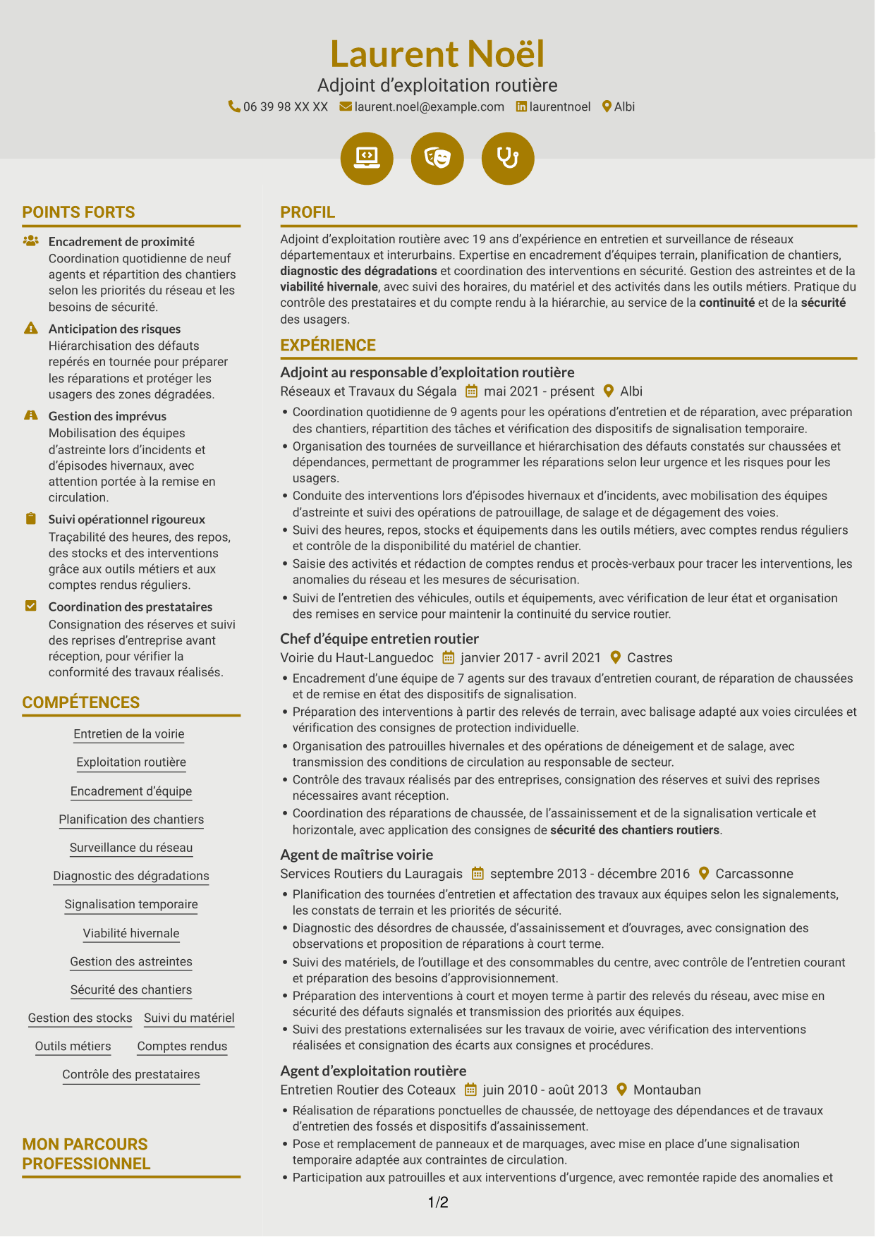 CV Dynamique (format à deux colonnes avec icônes) : Adjoint au chef de centre d’exploitation - Entretien et exploitation routière, page 1