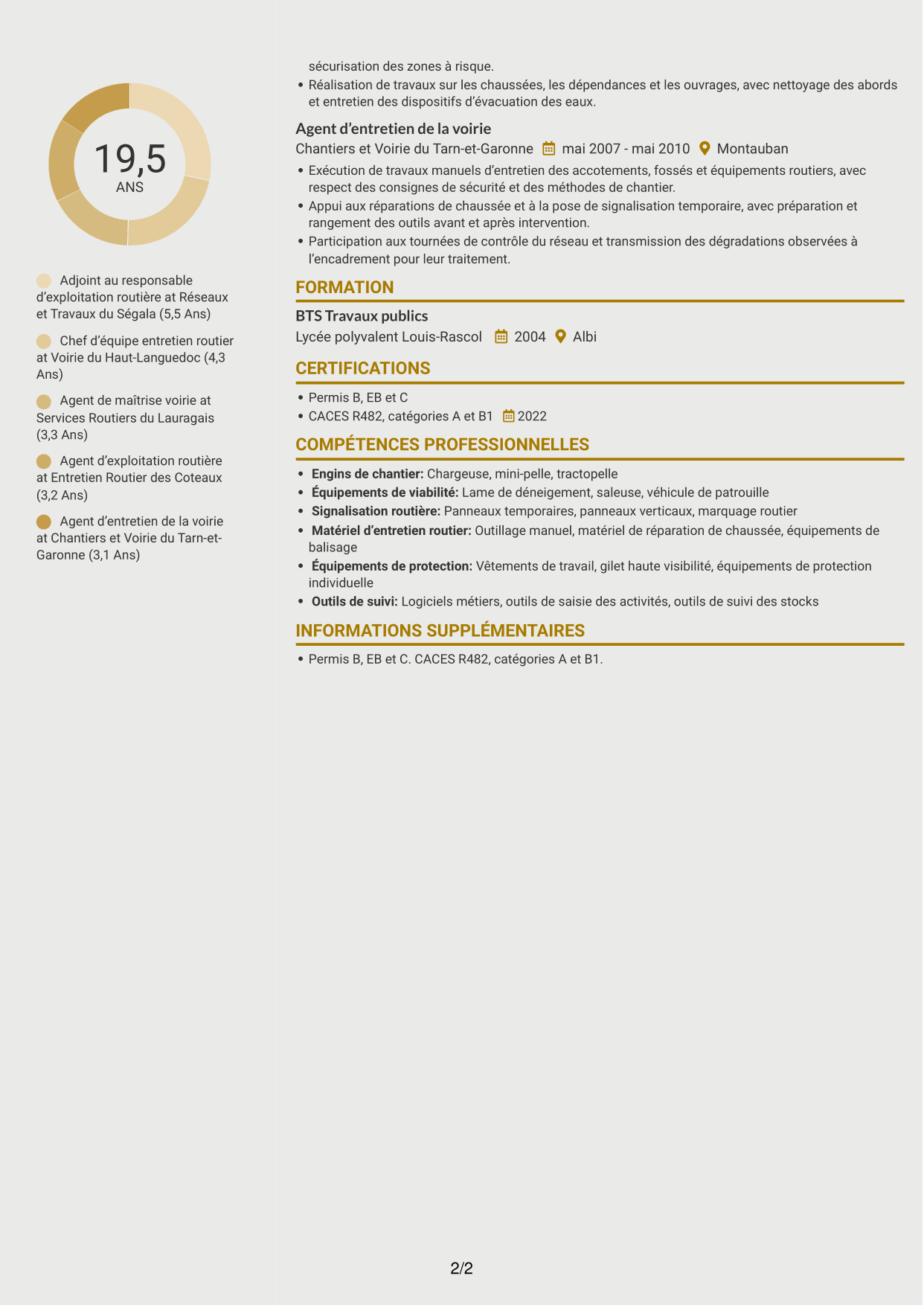 CV Dynamique (format à deux colonnes avec icônes) : Adjoint au chef de centre d’exploitation - Entretien et exploitation routière, page 2