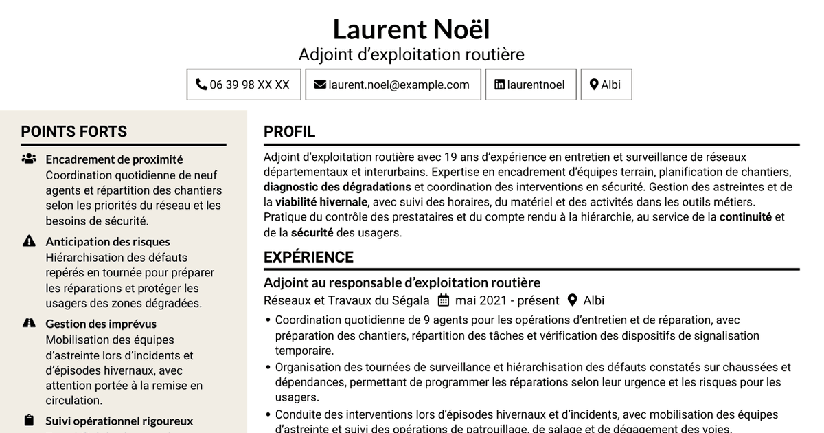 7 modèles de CV pour Adjoint au chef de centre d’exploitation - Entretien et exploitation routière, avec exemples