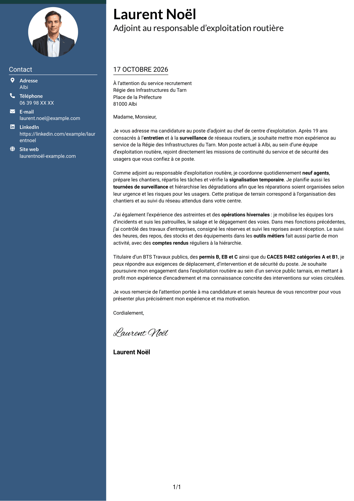 Lettre de motivation Élégant (format à colonne latérale colorée avec photo) : Adjoint au chef de centre d’exploitation - Entretien et exploitation routière, page 1