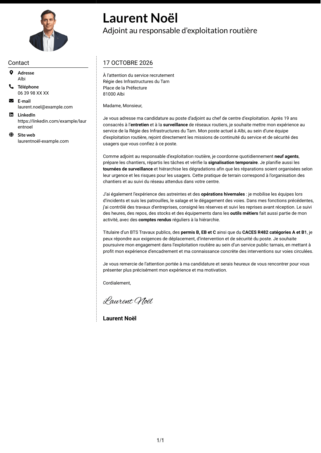 Lettre de motivation Moderne (format à deux colonnes avec photo à gauche et séparateur) : Adjoint au chef de centre d’exploitation - Entretien et exploitation routière, page 1