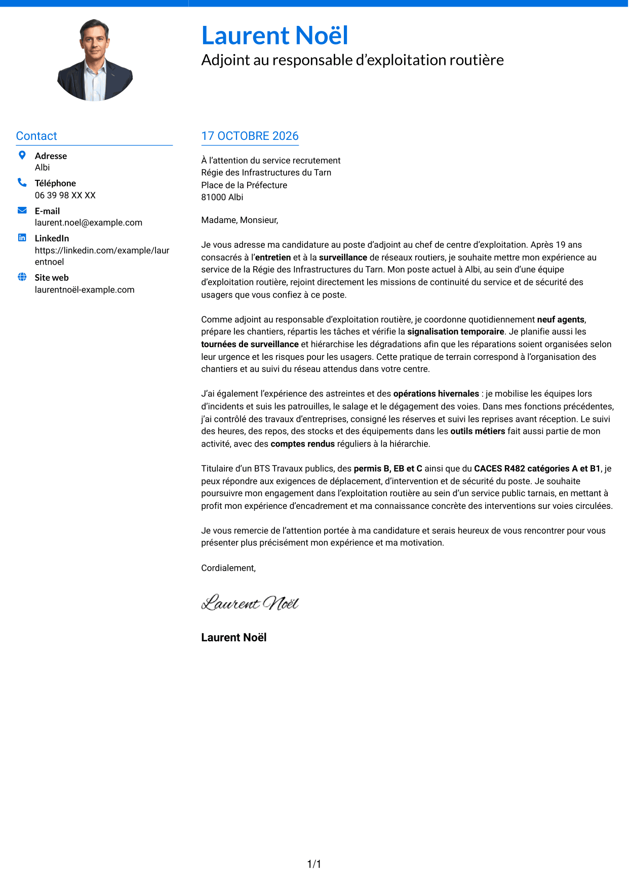 Lettre de motivation Audacieux (format à deux colonnes avec accents colorés et photo) : Adjoint au chef de centre d’exploitation - Entretien et exploitation routière, page 1