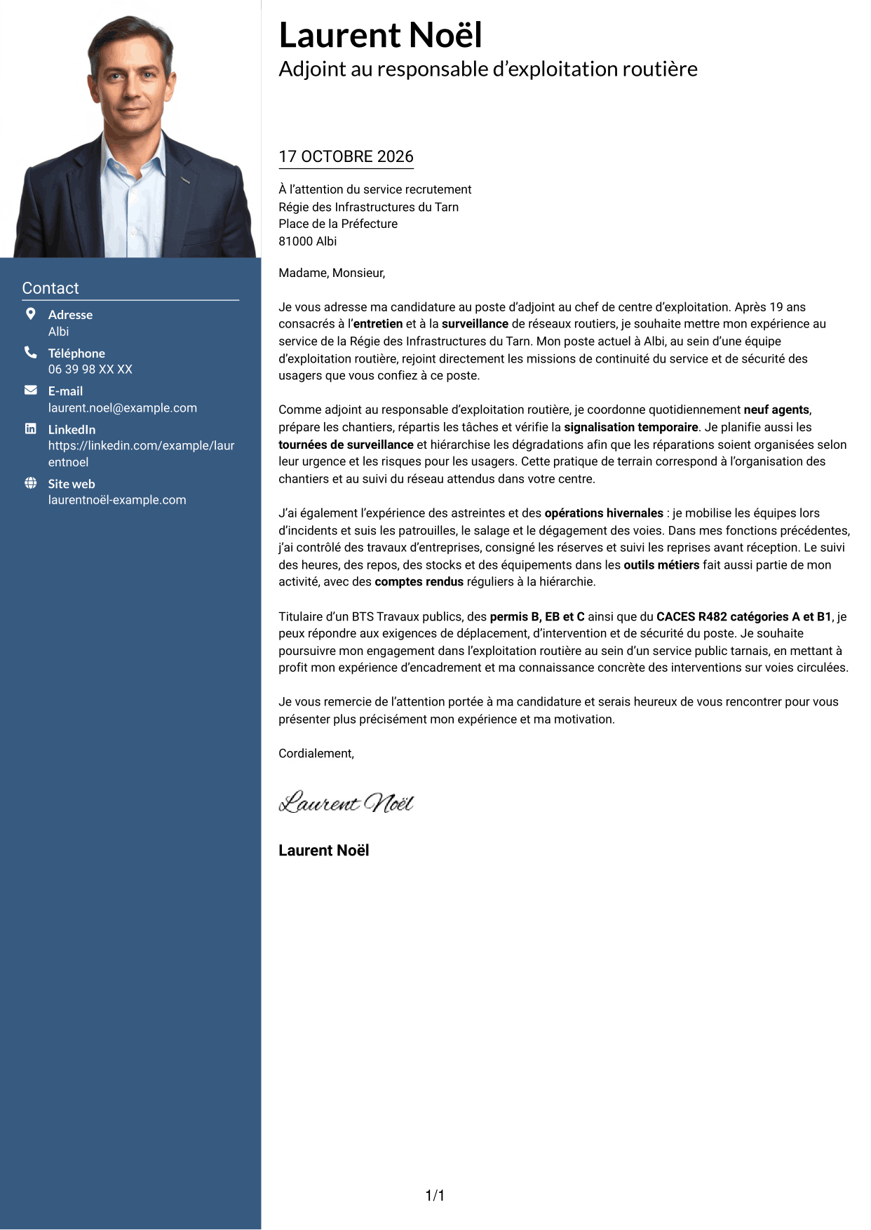 Lettre de motivation Signature (format à colonne latérale colorée avec grande photo) : Adjoint au chef de centre d’exploitation - Entretien et exploitation routière, page 1