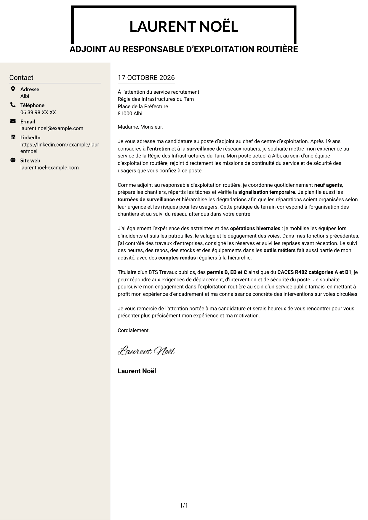 Lettre de motivation Fonceur (format à deux colonnes avec en-tête centré sans photo) : Adjoint au chef de centre d’exploitation - Entretien et exploitation routière, page 1