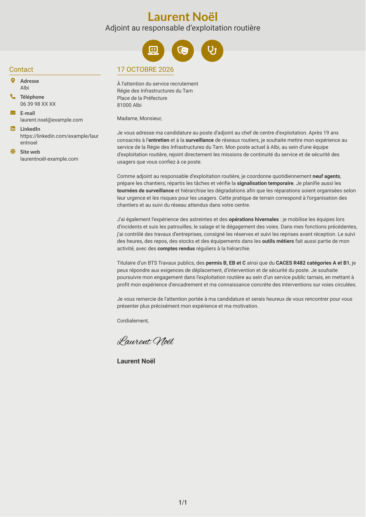 Lettre de motivation Dynamique (format à deux colonnes avec icônes) : Adjoint au chef de centre d’exploitation - Entretien et exploitation routière, page 1