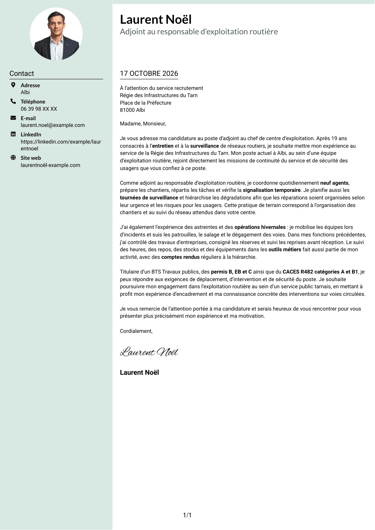 Lettre de motivation Cadre (format à colonne latérale douce avec photo arrondie) : Adjoint au chef de centre d’exploitation - Entretien et exploitation routière, page 1