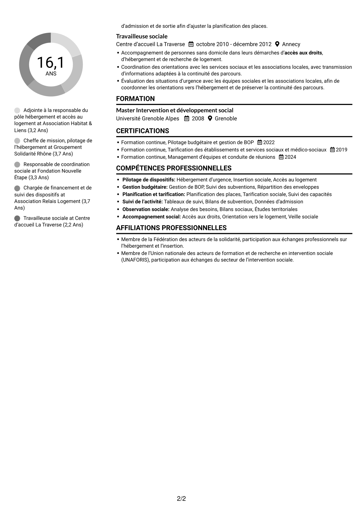 CV Compact (format sobre à deux colonnes avec photo) : Adjointe à la cheffe de service - Hébergement d'urgence et insertion, page 2