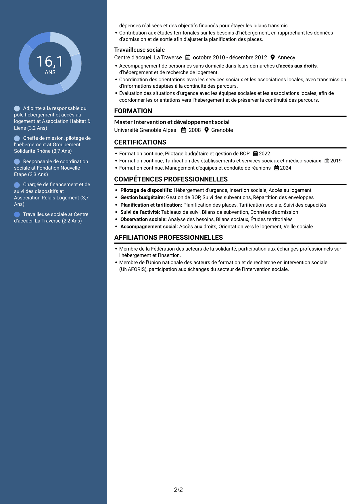 CV Élégant (format à colonne latérale colorée avec photo) : Adjointe à la cheffe de service - Hébergement d'urgence et insertion, page 2