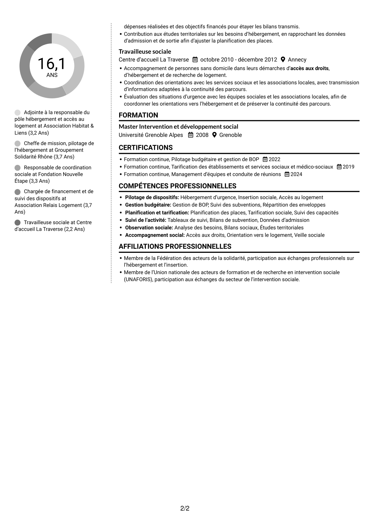 CV Moderne (format à deux colonnes avec photo à gauche et séparateur) : Adjointe à la cheffe de service - Hébergement d'urgence et insertion, page 2