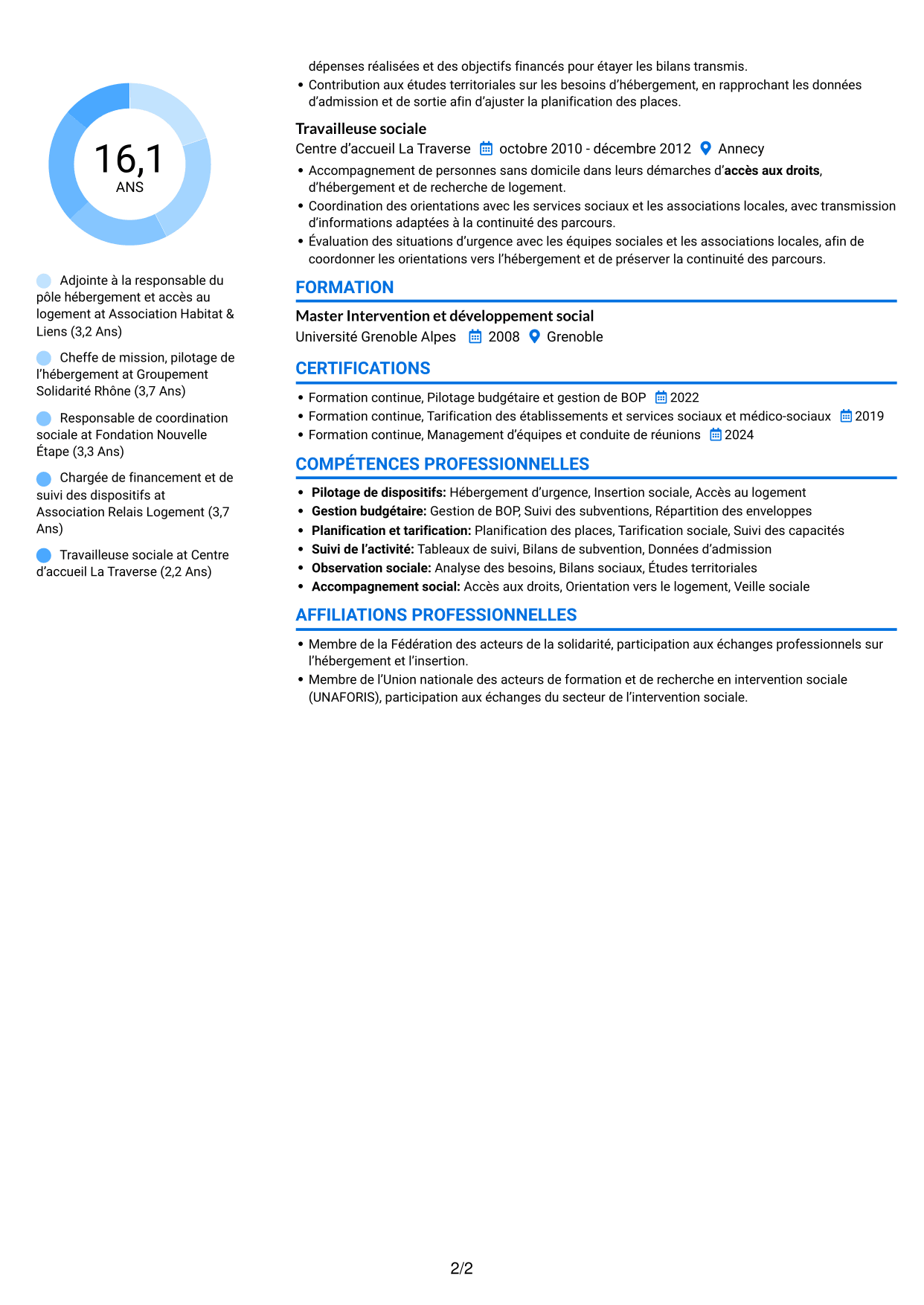 CV Audacieux (format à deux colonnes avec accents colorés et photo) : Adjointe à la cheffe de service - Hébergement d'urgence et insertion, page 2