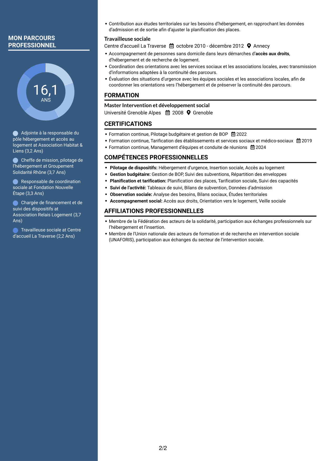 CV Signature (format à colonne latérale colorée avec grande photo) : Adjointe à la cheffe de service - Hébergement d'urgence et insertion, page 2