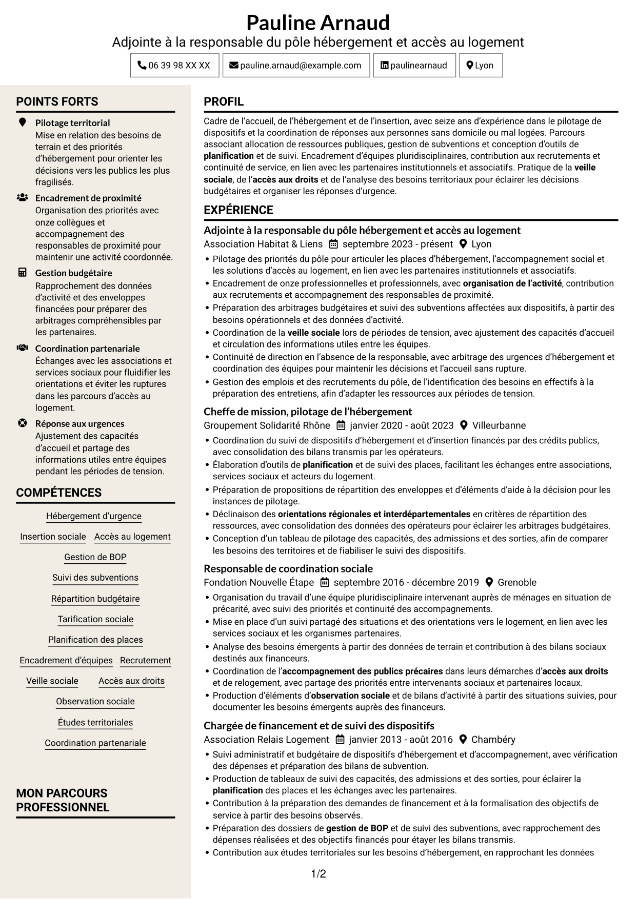 CV Fonceur (format à deux colonnes avec en-tête centré sans photo) : Adjointe à la cheffe de service - Hébergement d'urgence et insertion, page 1