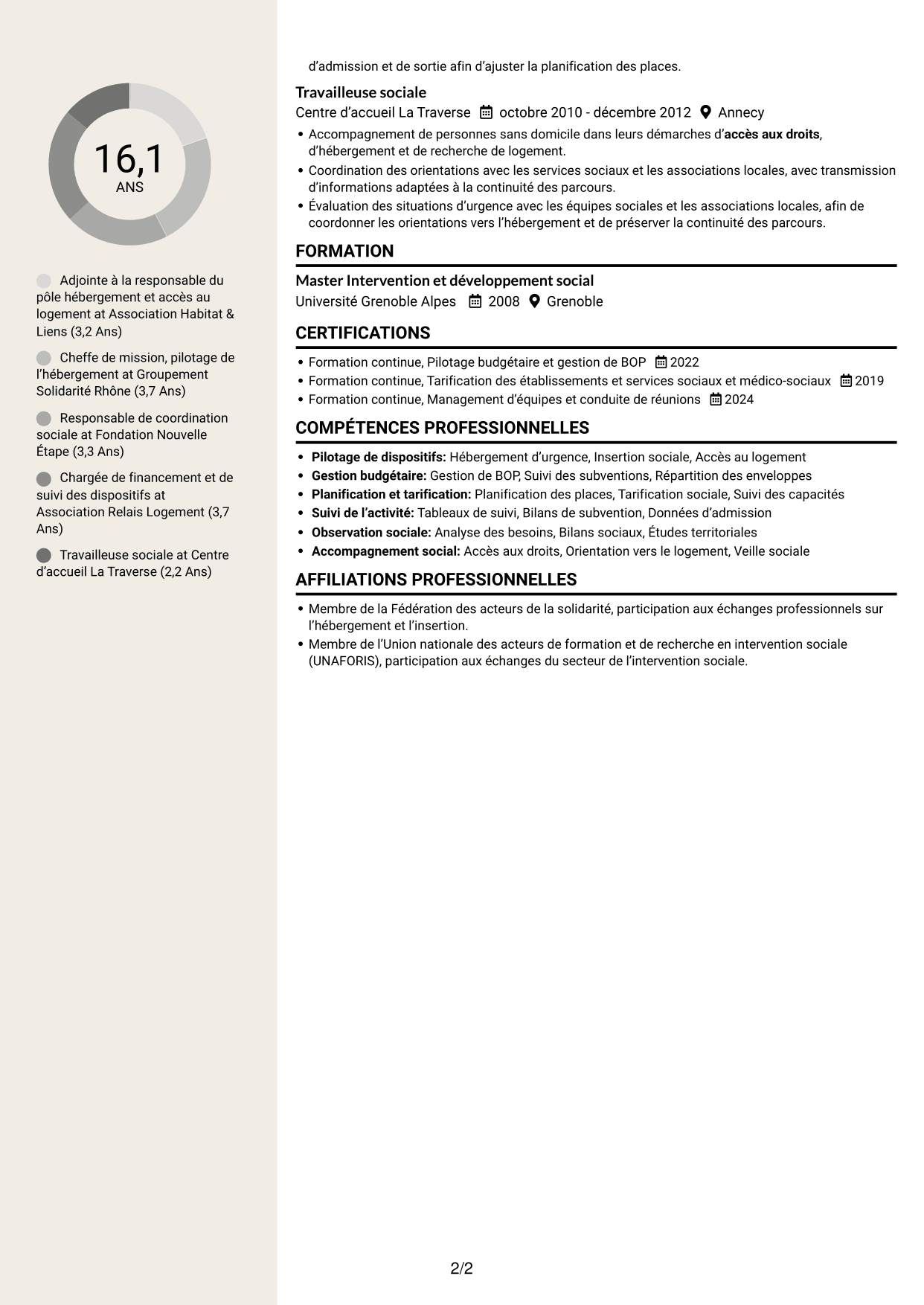 CV Fonceur (format à deux colonnes avec en-tête centré sans photo) : Adjointe à la cheffe de service - Hébergement d'urgence et insertion, page 2