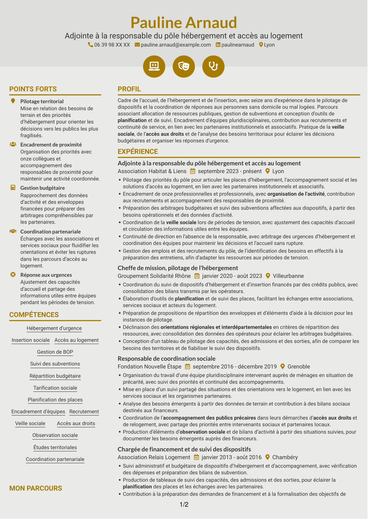 CV Dynamique (format à deux colonnes avec icônes) : Adjointe à la cheffe de service - Hébergement d'urgence et insertion, page 1