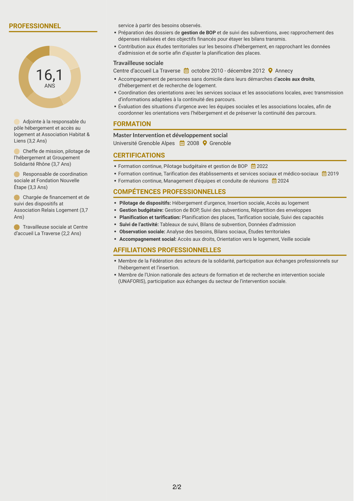 CV Dynamique (format à deux colonnes avec icônes) : Adjointe à la cheffe de service - Hébergement d'urgence et insertion, page 2