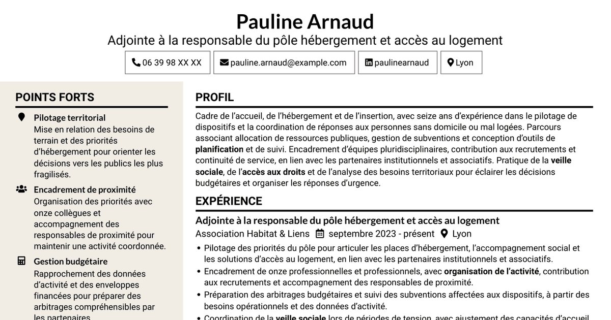 7 modèles de CV pour Adjointe à la cheffe de service - Hébergement d'urgence et insertion, avec exemples
