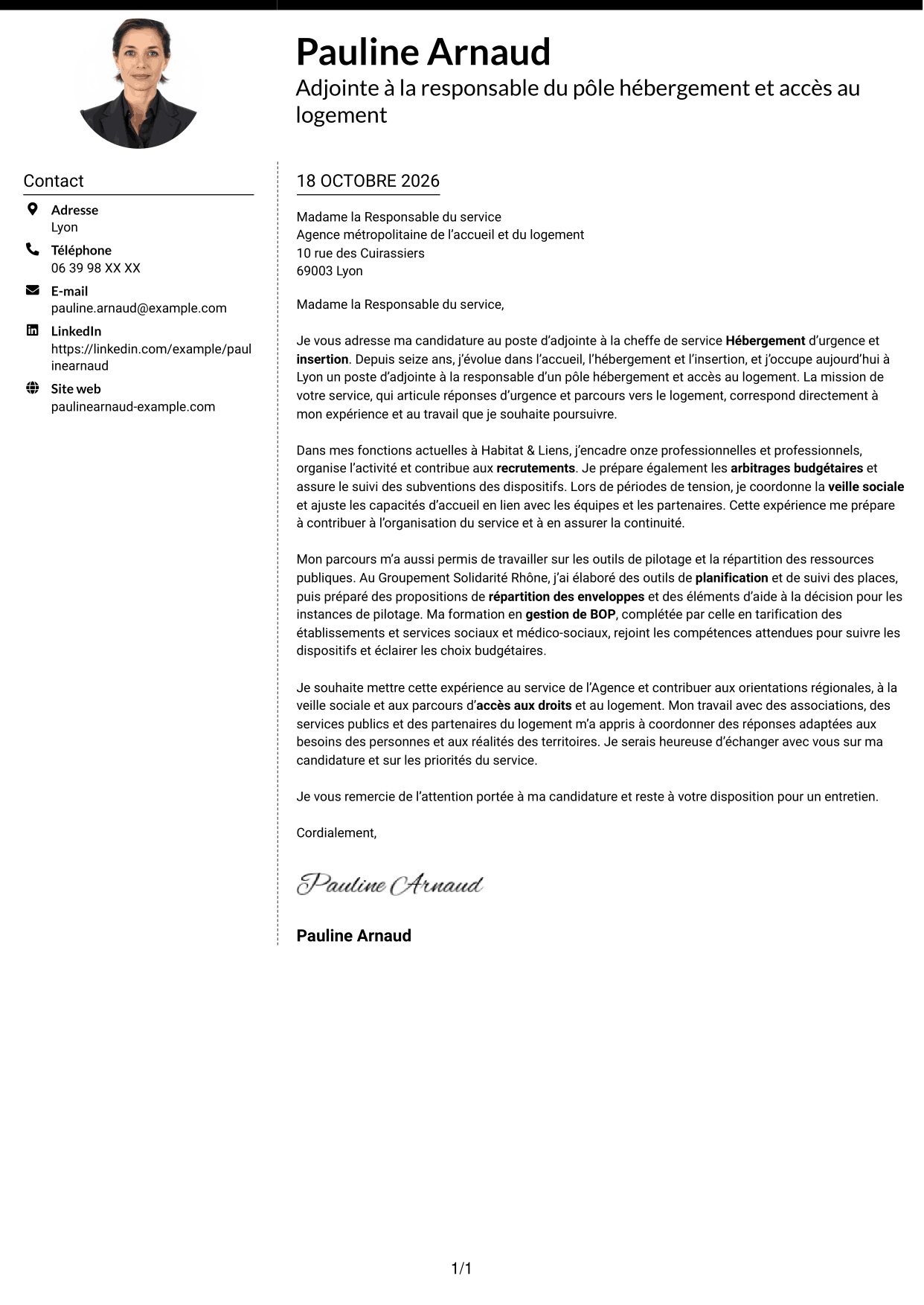 Lettre de motivation Moderne (format à deux colonnes avec photo à gauche et séparateur) : Adjointe à la cheffe de service - Hébergement d'urgence et insertion, page 1