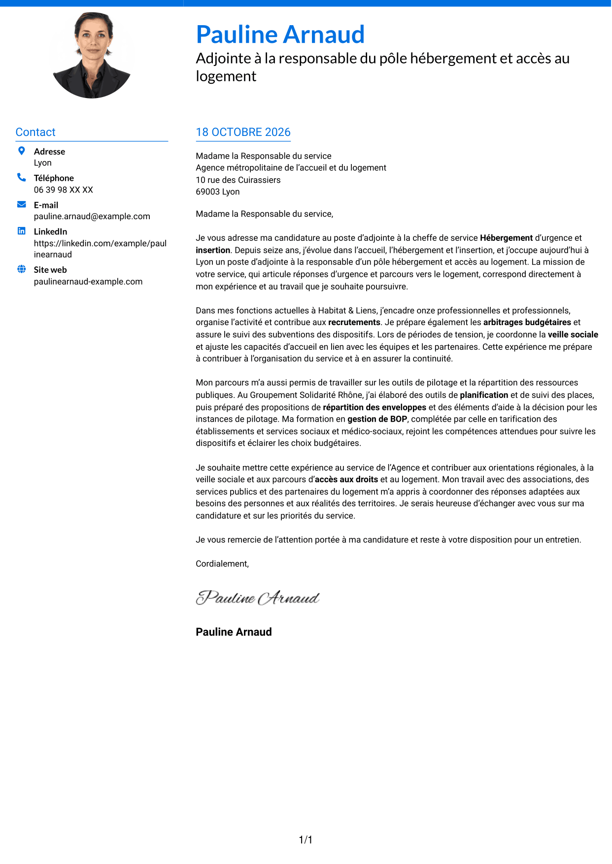 Lettre de motivation Audacieux (format à deux colonnes avec accents colorés et photo) : Adjointe à la cheffe de service - Hébergement d'urgence et insertion, page 1