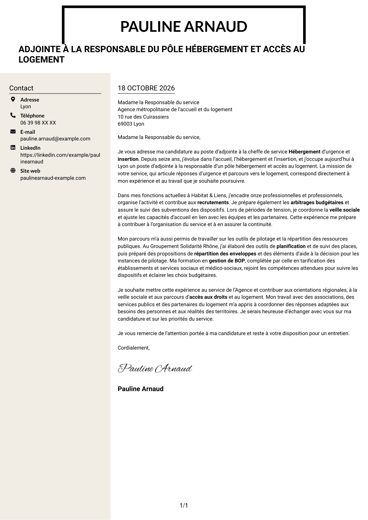 Lettre de motivation Fonceur (format à deux colonnes avec en-tête centré sans photo) : Adjointe à la cheffe de service - Hébergement d'urgence et insertion, page 1