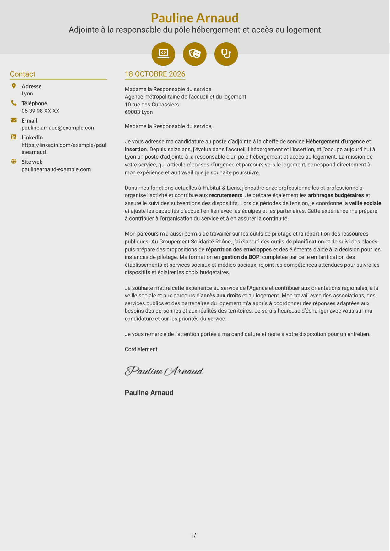 Lettre de motivation Dynamique (format à deux colonnes avec icônes) : Adjointe à la cheffe de service - Hébergement d'urgence et insertion, page 1