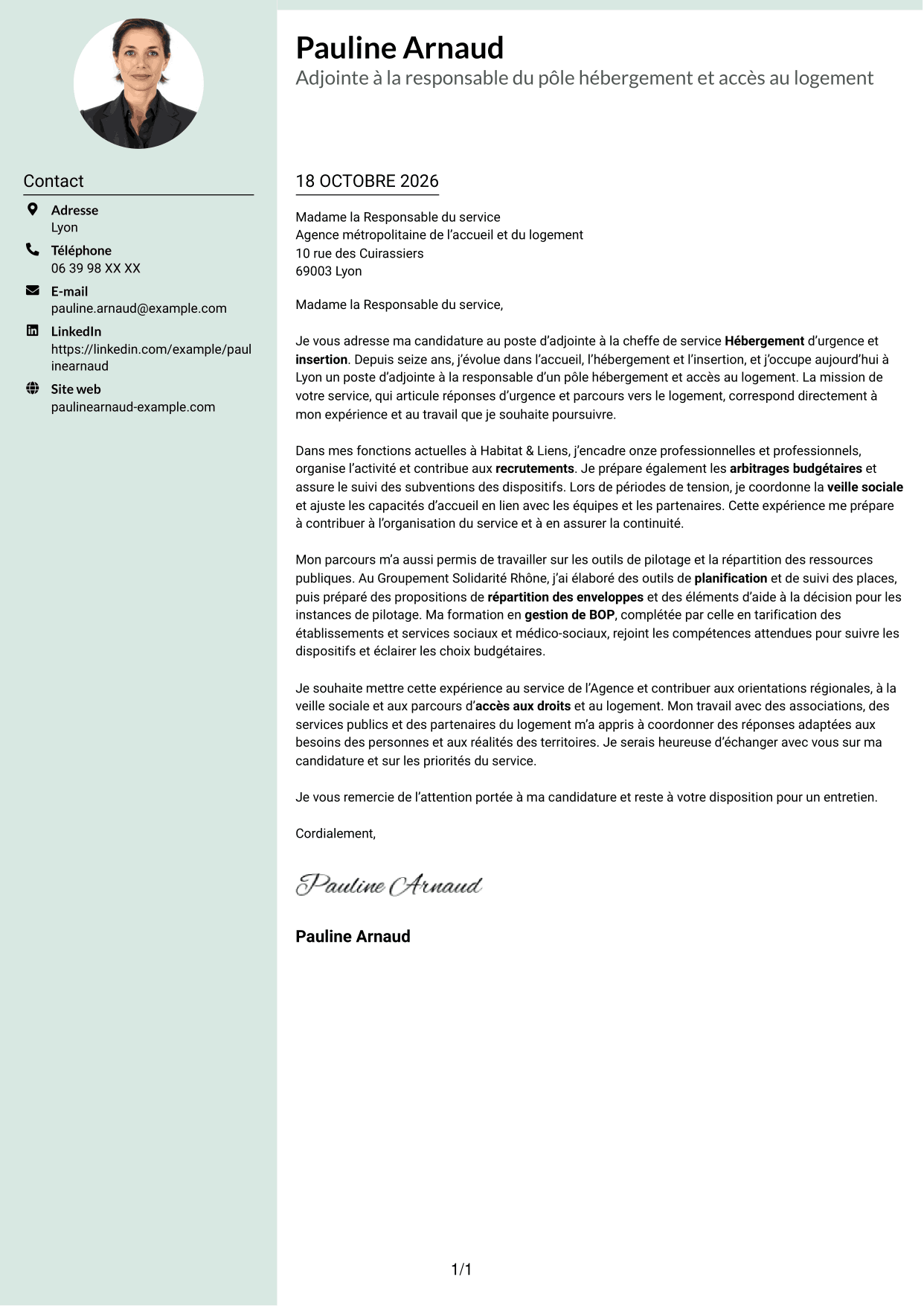 Lettre de motivation Cadre (format à colonne latérale douce avec photo arrondie) : Adjointe à la cheffe de service - Hébergement d'urgence et insertion, page 1
