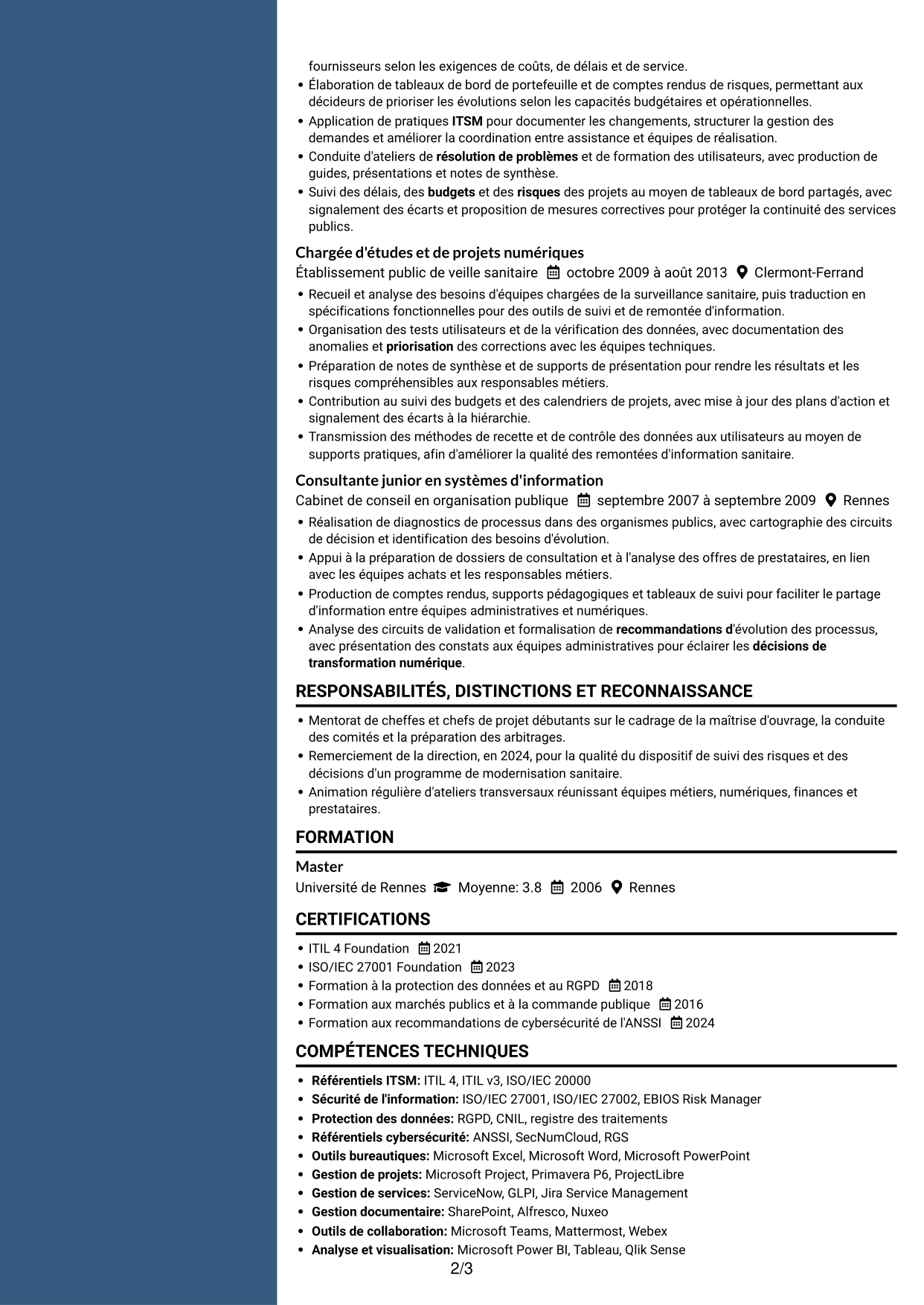 CV Élégant (format à colonne latérale colorée avec photo) : Adjointe à la déléguée - Système d'information alimentaire, page 2