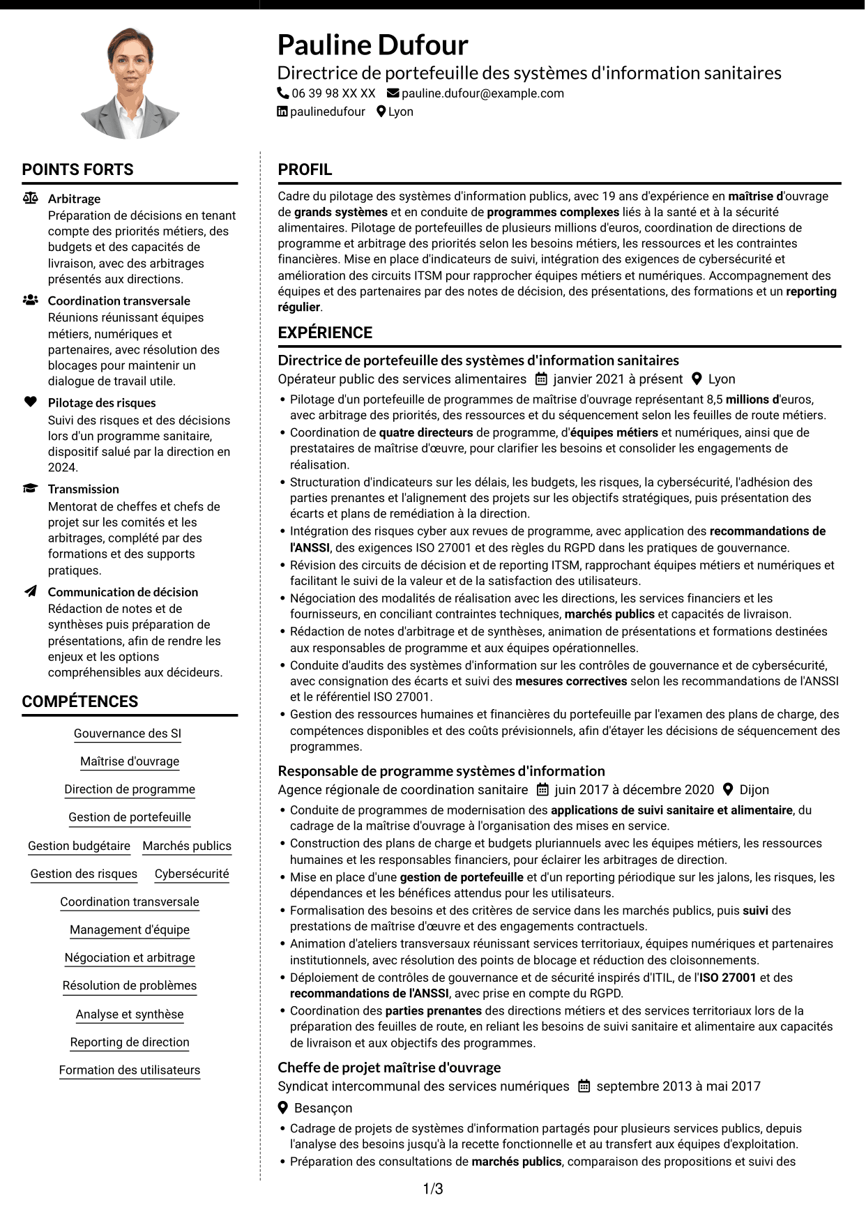 CV Moderne (format à deux colonnes avec photo à gauche et séparateur) : Adjointe à la déléguée - Système d'information alimentaire, page 1