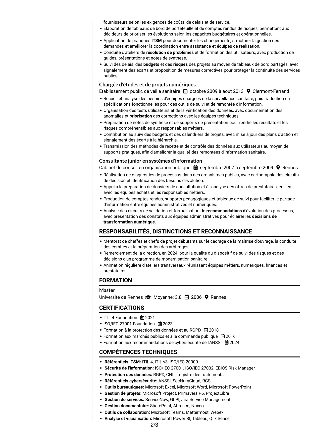 CV Moderne (format à deux colonnes avec photo à gauche et séparateur) : Adjointe à la déléguée - Système d'information alimentaire, page 2