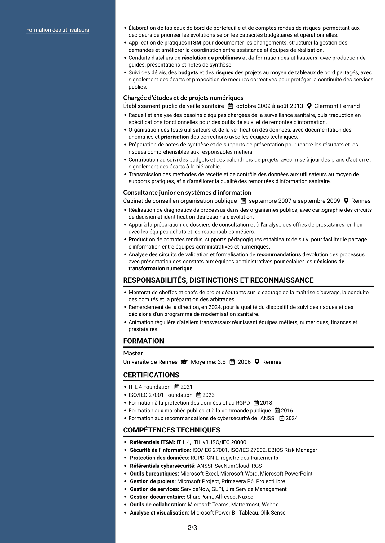 CV Signature (format à colonne latérale colorée avec grande photo) : Adjointe à la déléguée - Système d'information alimentaire, page 2
