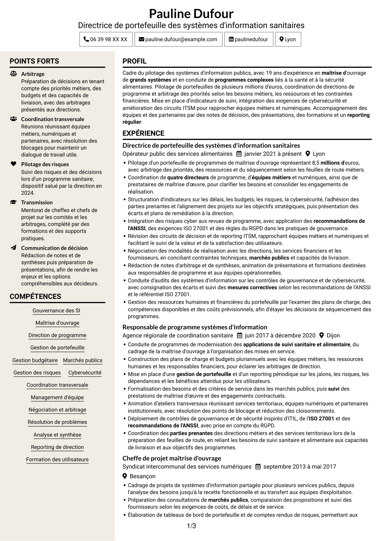 CV Fonceur (format à deux colonnes avec en-tête centré sans photo) : Adjointe à la déléguée - Système d'information alimentaire, page 1