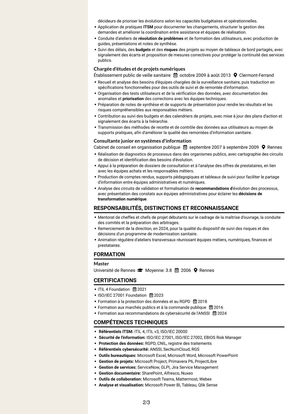 CV Fonceur (format à deux colonnes avec en-tête centré sans photo) : Adjointe à la déléguée - Système d'information alimentaire, page 2